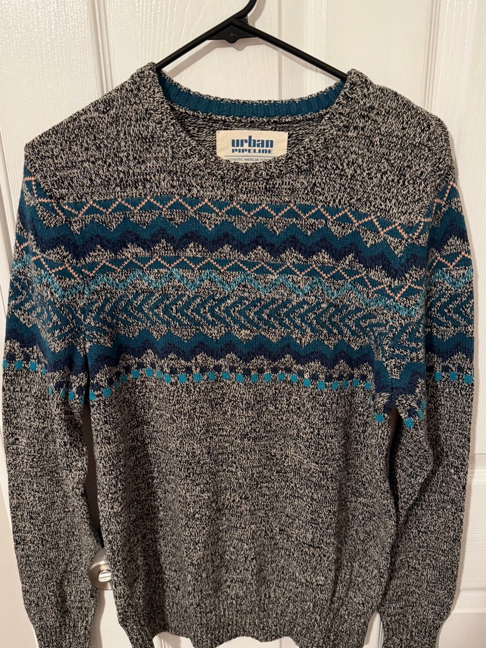 urban pipeline Gray Crewneck Sweater with Teal and Navy Fair Isle